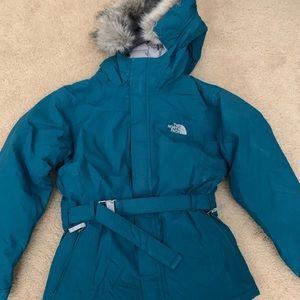 north face light blue down jacket for kids